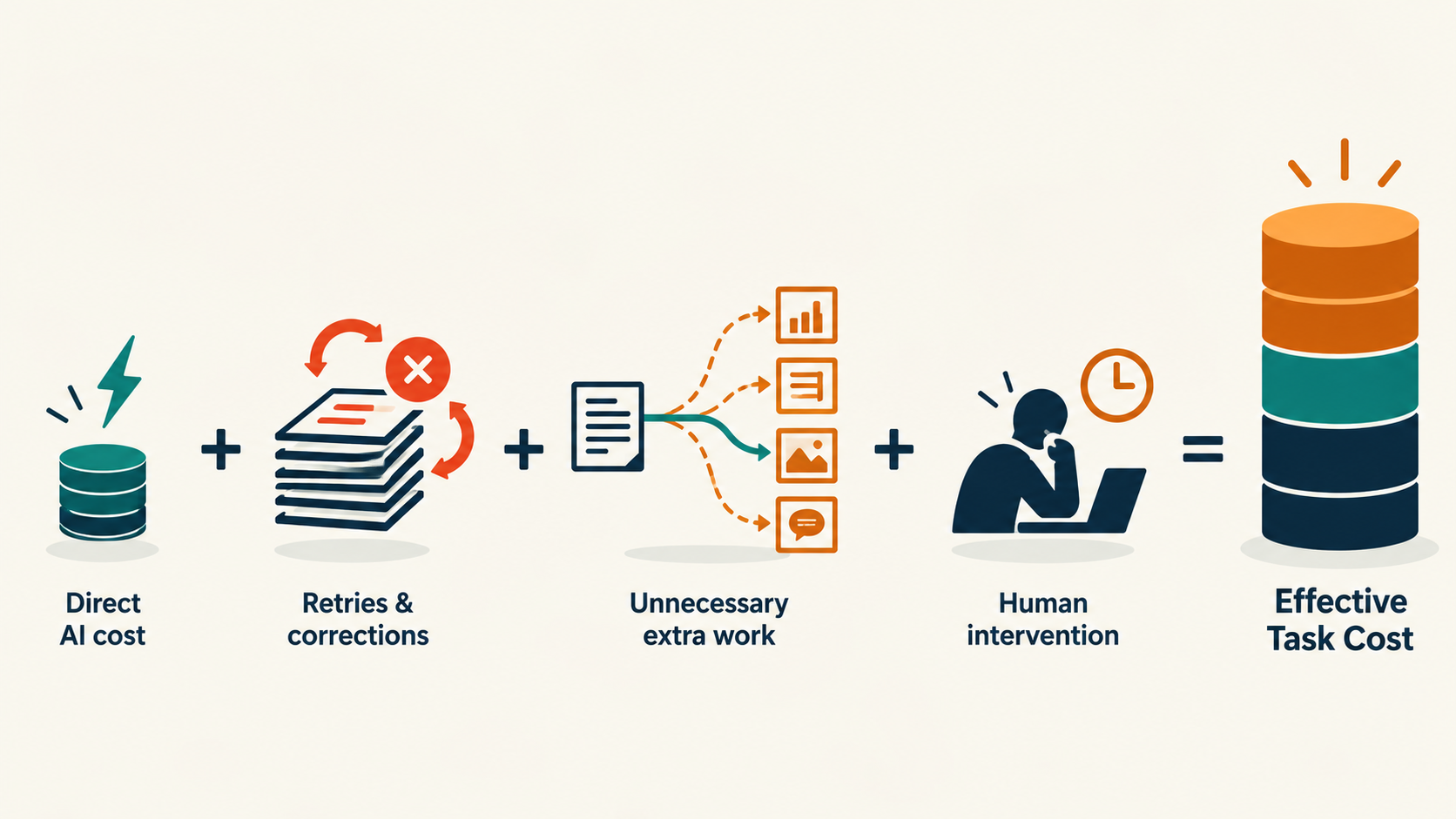 Effective Task Cost diagram showing direct AI cost, retries and corrections, unnecessary extra work, and human intervention adding up to total task cost.