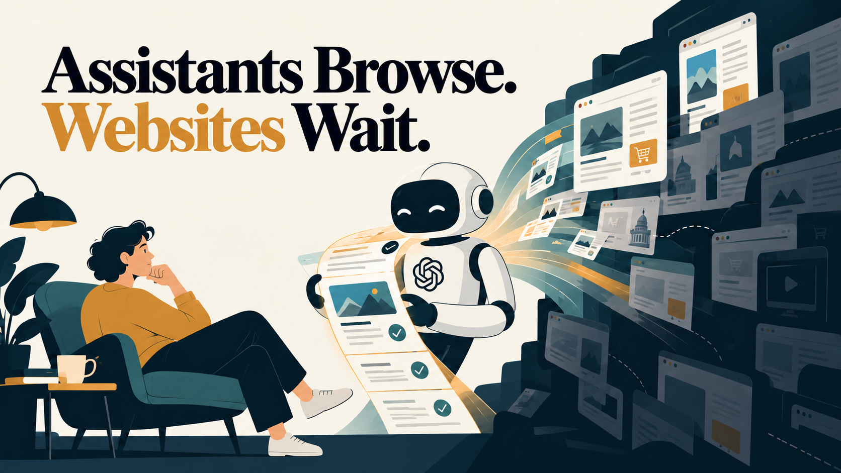 Assistants Browse. Websites Wait. hero illustration