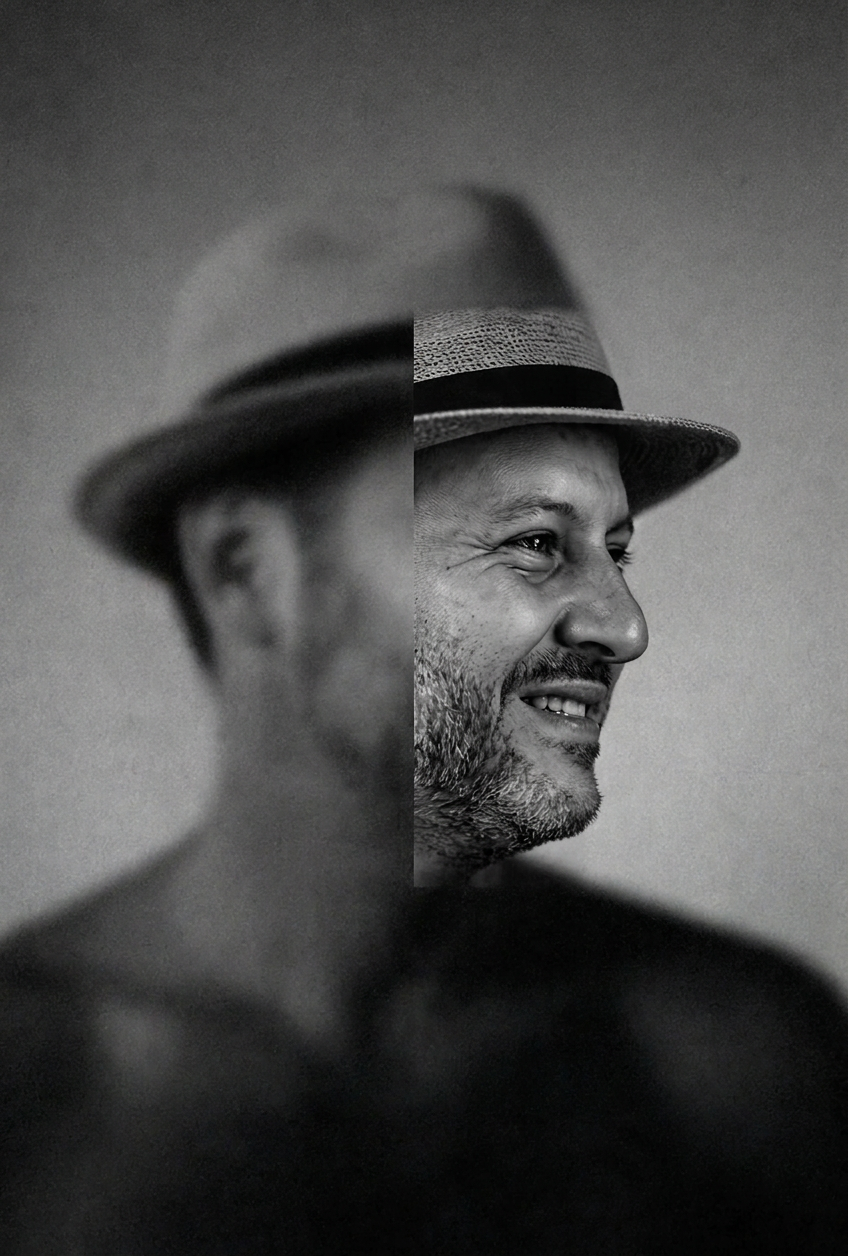 Portrait of George in profile, partly sharp and partly blurred